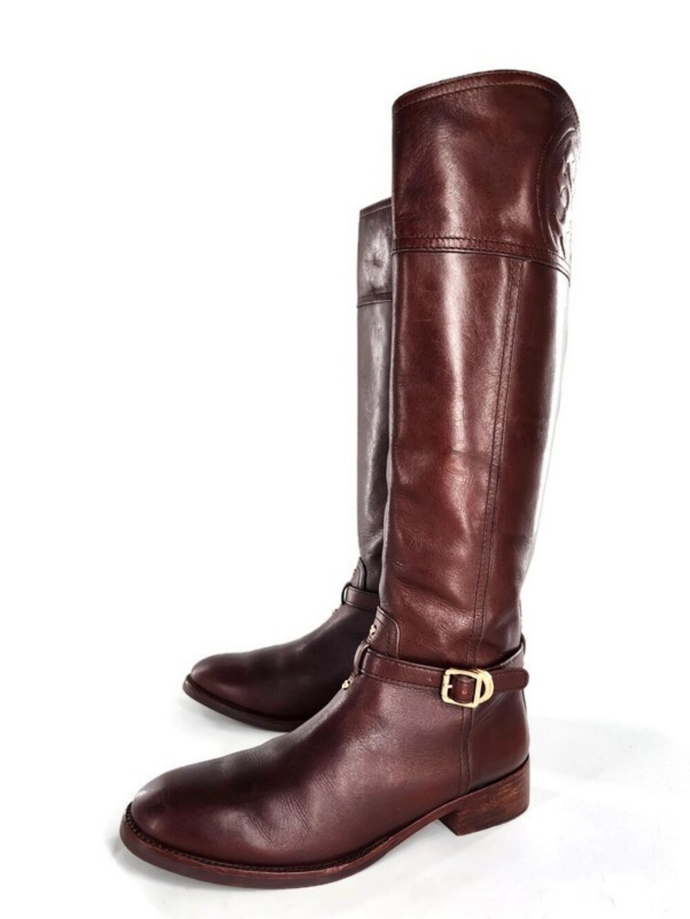 Tory Burch Marlene Brown Leather Ankle Strap Buckle Side-Zip Tall Riding Boots